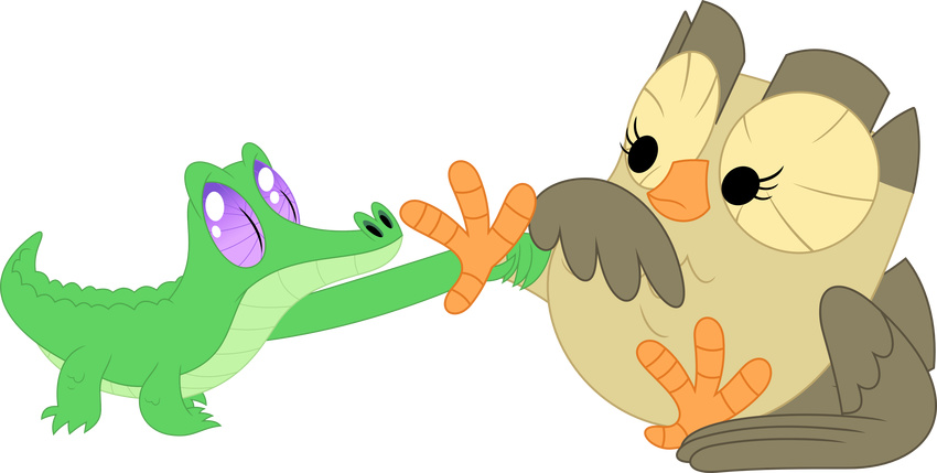 absurd_res alligator alpha_channel avian bird bird_feet feathers feet friendship_is_magic grabbing gummy_(mlp) hi_res my_little_pony owl owlowicous_(mlp) reptile scales scalie simple_background smell sniffing toes transparent_background wings