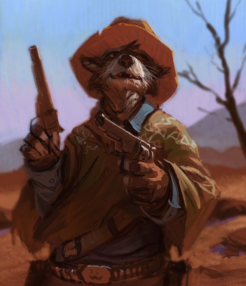 &gt;:3 2015 anthro belt black_nose brown_eyes canine clothed clothing depth_of_field desert digital_media_(artwork) digital_painting_(artwork) fingerless_gloves fur gloves gun handgun hat hi_res holster lofi male mammal open_mouth outside painting poncho portrait ranged_weapon revolver sand sharp_teeth shirt sky solo teeth tree weapon western whiskers wolf