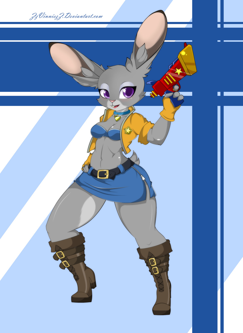 2016 absurd_res anthro breasts cleavage clothed clothing disney female gun hi_res judy_hopps lagomorph mammal navel rabbit ranged_weapon skirt sly_cooper_(series) solo video_games weapon zootopia zzvinniezz