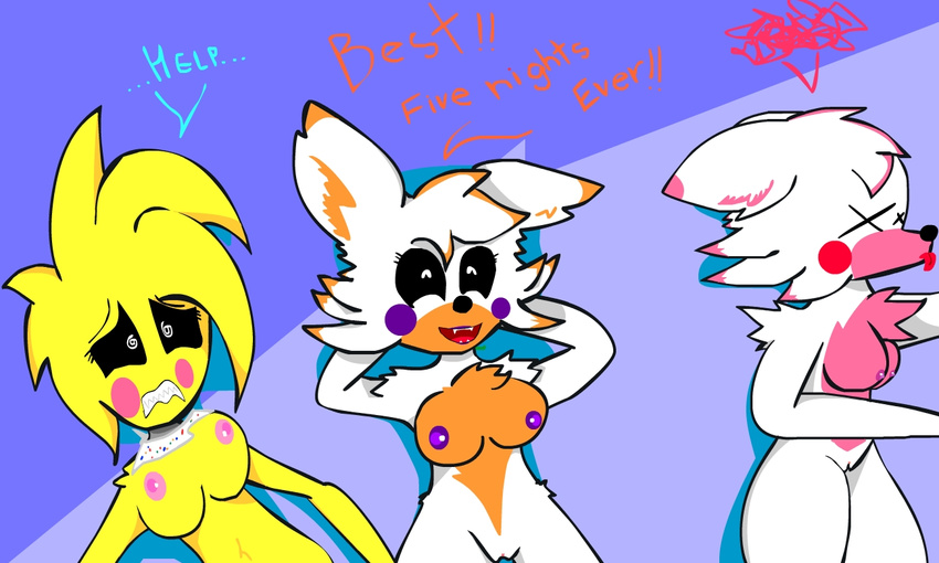 2016 animatronic anthro avian beak bird breasts canine chicken clitoris digital_media_(artwork) e-01_(artist) female five_nights_at_freddy's five_nights_at_freddy's_2 five_nights_at_freddy's_world fox fur group hair hi_res lolbit_(fnaf) machine mammal mangle_(fnaf) nipples nude open_mouth pussy robot simple_background smile text toy_chica_(fnaf) video_games white_fur