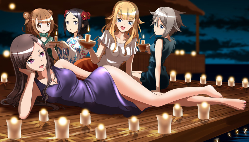 :d :o ange_(princess_principal) bangs barefoot beatrice_(princess_principal) black_dress black_hair blonde_hair blue_eyes bow breasts brown_eyes brown_hair cleavage cloud collarbone dorothy_(princess_principal) double_bun dress feet flower green_bow grey_eyes hair_between_eyes hair_flower hair_ornament head_rest highres holding_candle japanese_clothes kimono lying medium_breasts multiple_girls nail_polish night on_side open_mouth orange_skirt outdoors parted_bangs pink_nails princess_(princess_principal) princess_principal print_kimono purple_dress red_flower shiny shiny_hair shirt short_dress short_hair silver_hair sitting skirt sleeveless sleeveless_dress smile taniguchi_gou toenail_polish toes toudou_chise white_kimono white_shirt