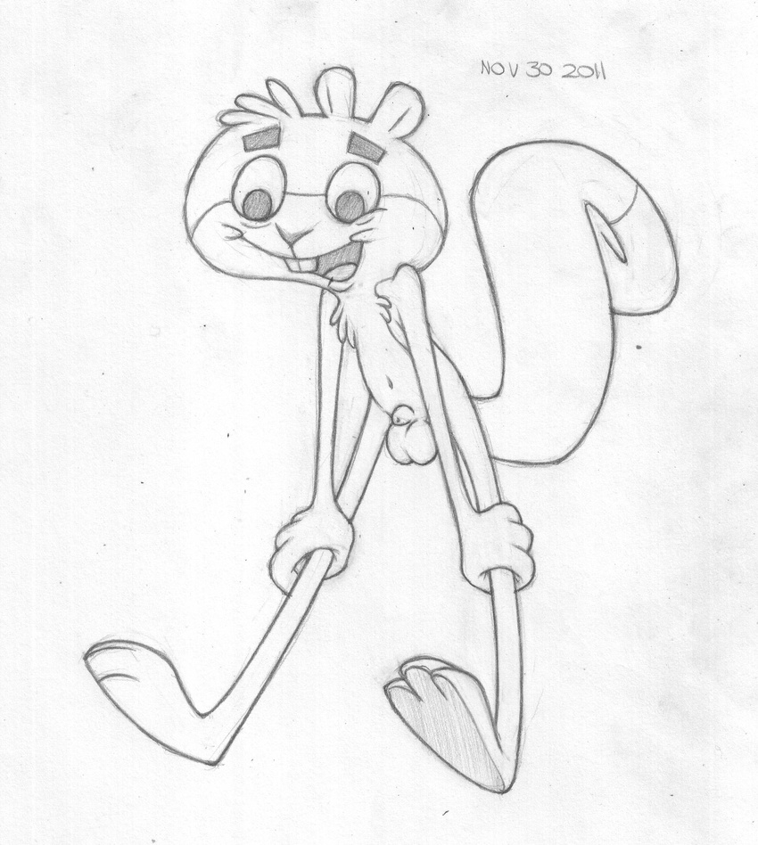 2011 animal_genitalia anthro balls barefoot black_and_white buckteeth cartoon_network chest_tuft cub fur greyscale happy hi_res holding_legs male mammal mizzyam monochrome nude open_mouth pencil_(artwork) rodent scaredy_squirrel scaredy_squirrel_(character) sheath sketch slim smile solo squirrel teeth traditional_media_(artwork) tuft young