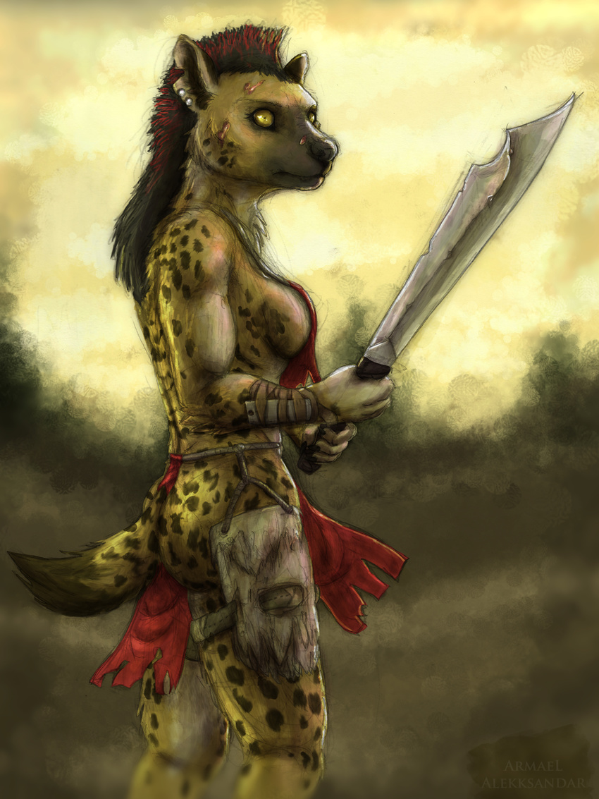 absurd_res alekksandar anthro barbarian biceps breasts clothed clothing crude_sword ear_piercing facial_scars female fur hair hi_res hyena loincloth mammal melee_weapon mohawk muscular muscular_female piercing pinpoint_eyes scar side_boob simple_background solo spotted_hyena sword warrior weapon yellow_eyes zaraza