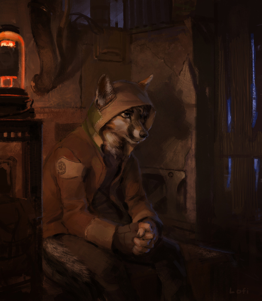 2016 absurd_res anthro black_lips black_nose canine clasped_hands clothed clothing detailed_background digital_media_(artwork) fingerless_gloves fox fur furgonomics gloves grey_eyes hi_res hoodie inner_ear_fluff inside jacket lamp lantern lofi mammal orange_fur painting shadow sitting solo whiskers white_fur