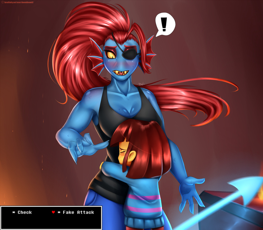 ! &lt;3 2016 ambiguous_gender anthro black_eyes blue_scales blush breasts brown_background brown_hair claws clothing dialogue doomthewolf duo english_text eyes_closed female fin fire fish gui hair hi_res hug human long_hair mammal marine melee_weapon open_mouth pants polearm protagonist_(undertale) red_hair red_skin scales sharp_teeth shirt simple_background size_difference smoke spear stove tank_top teeth text undertale undyne video_games weapon white_background yellow_sclera