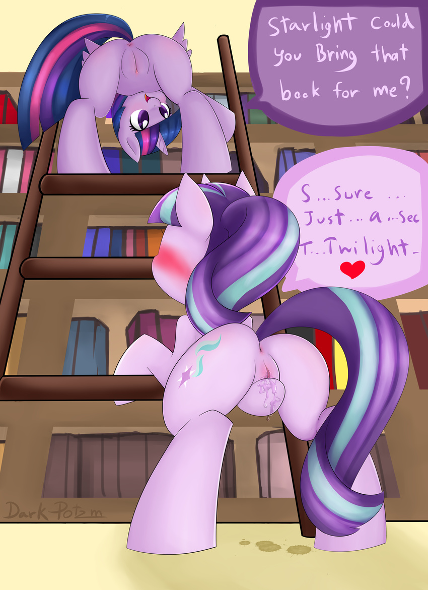 &lt;3 ... 2016 ? absurd_res anus blush book butt cutie_mark darkpotzm dialogue dripping duo english_text equine female feral friendship_is_magic hair hi_res horn inside ladder looking_through_legs mammal masturbation multicolored_hair my_little_pony open_mouth purple_eyes pussy pussy_juice starlight_glimmer_(mlp) text twilight_sparkle_(mlp) two_tone_hair unicorn vaginal vaginal_masturbation winged_unicorn wings