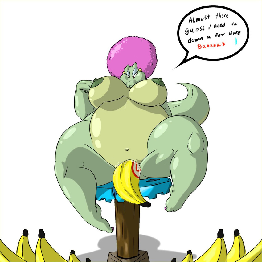 afro banana belly big_belly big_breasts breasts crocodile donkey_kong_(series) female food fruit hi_res huge_breasts inflation kalypso masturbation nintendo pussy pussy_juice reptile scalie shinysteel solo spread_legs spreading thick_thighs video_games