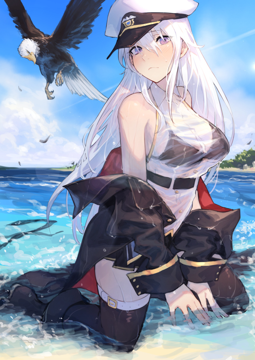 1girl azur_lane bald_eagle bare_shoulders belt bird black_belt black_bra black_coat black_neckwear blue_sky blush bra breasts cloud cloudy_sky coat collared_shirt commentary_request condensation_trail day eagle enterprise_(azur_lane) eyebrows_visible_through_hair hat highres horizon kneeling large_breasts mephist-pheles military military_hat miniskirt necktie ocean open_clothes open_coat outdoors partially_submerged peaked_cap purple_eyes see-through see_through shirt silver_hair skirt sky sleeveless sleeveless_shirt solo thighhighs underbust underwear water wet wet_clothes white_hat