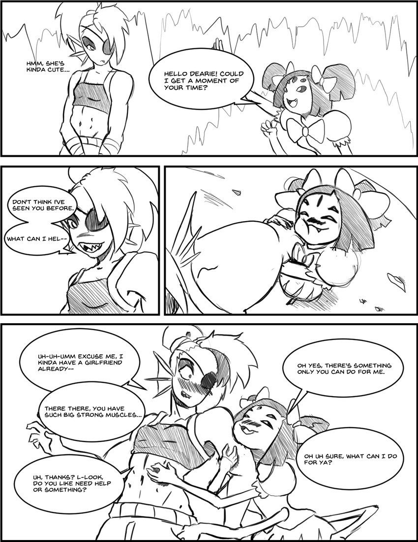 anthro arachnid arthropod black_and_white blush comic dialogue duo english_text eye_patch eyewear female fish hair_bow hair_ribbon hi_res hug marine midriff monochrome muffet multi_arm multi_eye multi_limb ribbons speech_bubble spider suggestive text theninjalemon undertale undyne video_games