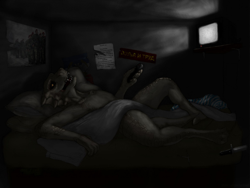 alekksandar anthro bed bedding blanket dark_room female flat_chested frill head_frill knife lizard looking_at_viewer lying reptile scales scalie serbian_text solo teeth text