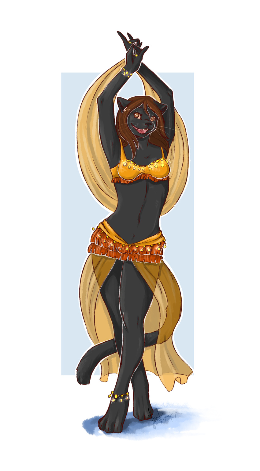 belly bellydance black_fur cat cute dancing digital_media_(artwork) feline female fur happy hi_res ineziakorporejszyn koshka mammal nude soft solo