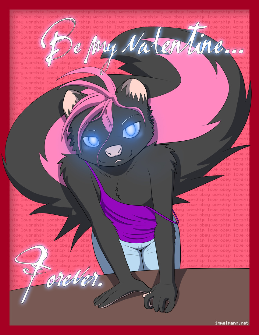 absurd_res anthro border clothed clothing english_text glowing glowing_eyes hair hi_res holidays hypnosis immelmann looking_at_viewer male mammal mind_control nicole_o'connor pink_hair skunk solo text text_background valentine's_day watermark