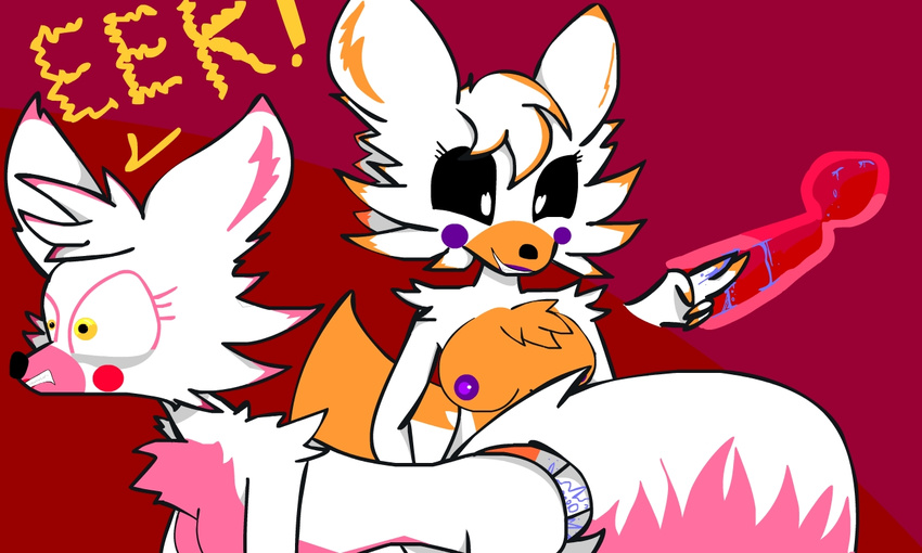2016 animatronic anthro breasts canine dialogue digital_media_(artwork) duo e-01_(artist) english_text female five_nights_at_freddy's five_nights_at_freddy's_2 five_nights_at_freddy's_world fox fur lolbit_(fnaf) machine mammal mangle_(fnaf) nipples nude penis pussy robot simple_background smile text video_games