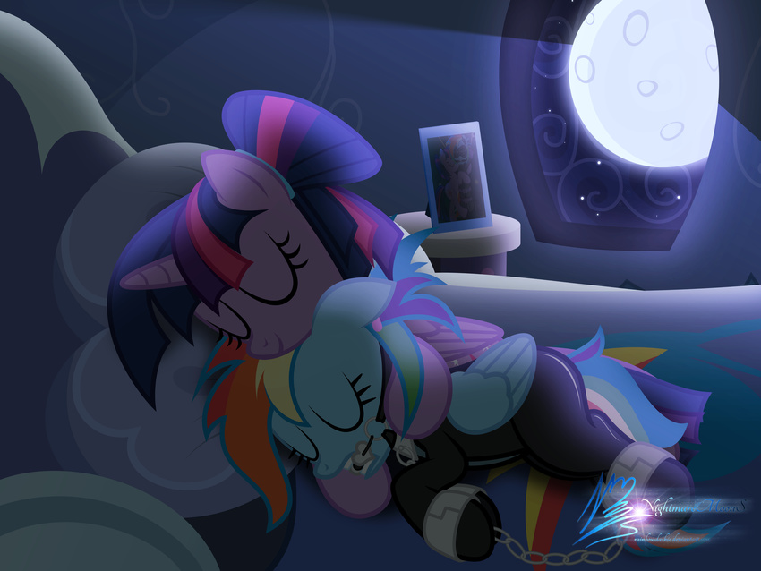 2014 absurd_res alternate_hairstyle bdsm bed blue_fur bondage bound chain clothing collar cuffs_(disambiguation) cutie_mark duo equine eyes_closed feathered_wings feathers female friendship_is_magic fur furniture gag hair hi_res horn hug inside lying mammal moon multicolored_hair my_little_pony night nightmaremoons on_bed on_side pegasus purple_feathers purple_fur purple_hair rainbow_dash_(mlp) rainbow_hair rubber skinsuit sky sleeping smile star tight_clothing twilight_sparkle_(mlp) window winged_unicorn wings