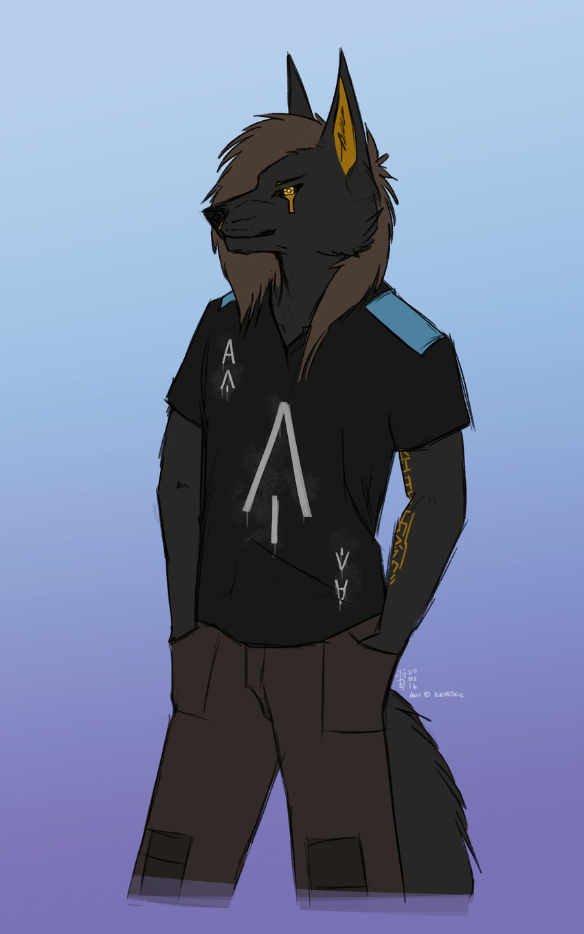 2016 absurd_res anthro anu anubian_jackal anubis black_fur black_sclera briefs canine clothing cybernetics deity digital_media_(artwork) egyptian fur hair hairstyle hand_in_pocket hi_res jackal kavaeric long_hair looking_at_viewer machine male mammal markings p700 pants punk rockgods science_fiction shirt simple_background smile solo tattoo teeth underwear