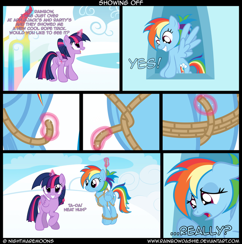 2014 absurd_res alternate_hairstyle bdsm blue_fur bondage bound cloud cloudsdale comic cutie_mark dialogue doll duo english_text equine feathered_wings feathers female friendship_is_magic fur hair hi_res horn looking_at_viewer magic mammal multicolored_hair my_little_pony nightmaremoons outside pegasus purple_eyes purple_feathers purple_fur purple_hair rainbow_dash_(mlp) rainbow_hair red_eyes sky smile text twilight_sparkle_(mlp) winged_unicorn wings