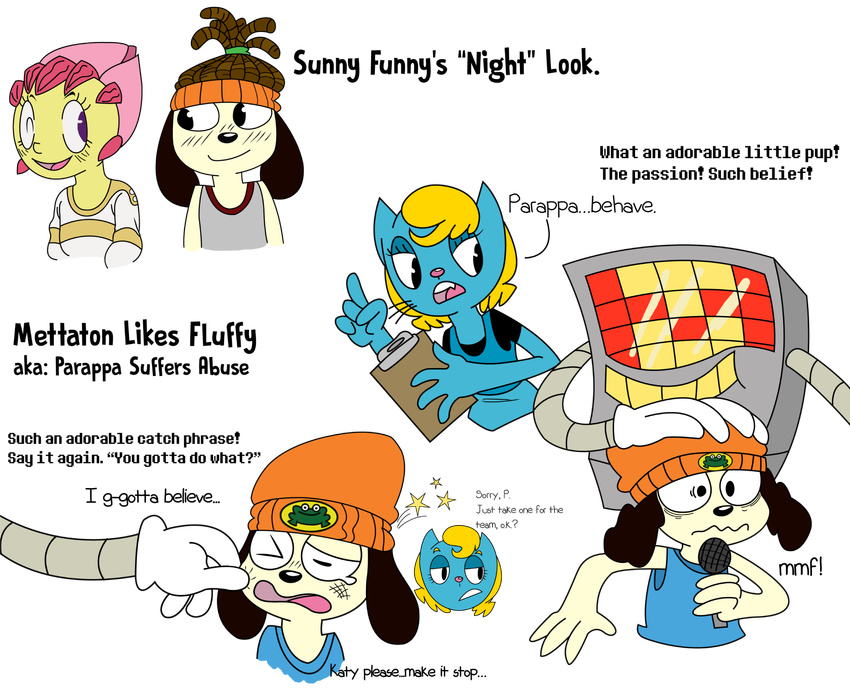 alpha_channel blue_fur canine cat crossover dbkit dog eye_contact feline female flora_fauna fur grin hi_res katy_kat machine male mammal mettaton microphone parappa parappa_the_rapper plant robot simple_background sunny sunny_funny transparent_background undertale video_games