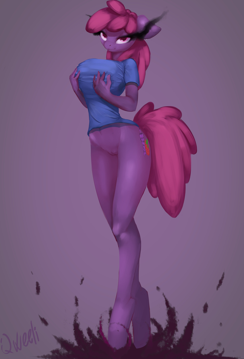 2015 anthro anthrofied bedroom_eyes berry_punch_(mlp) big_breasts bottomless breast_fondling breasts clothed clothing cutie_mark earth_pony equine female fondling friendship_is_magic fur hair half-closed_eyes hand_on_breast hi_res horse huge_breasts looking_at_viewer mammal my_little_pony navel nipple_bulge pony purple_background purple_fur purple_hair purple_theme pussy seductive simple_background smile solo standing vertiliago