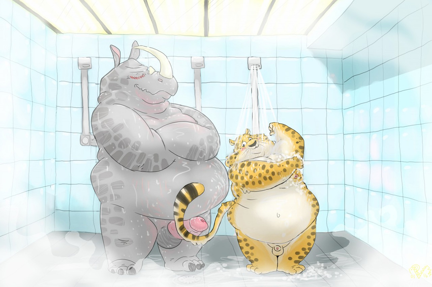 balls benjamin_clawhauser blush cheetah disney erection feline flaccid male male/male mammal nude officer_mchorn overweight penis rhinoceros shower size_difference soap swampstomper unintentional_tail_job zootopia