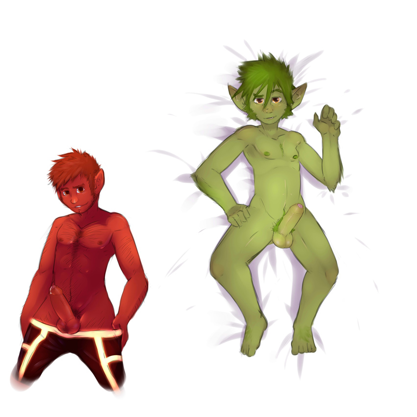 absurd_res aged_up anthro balls beast_boy bed clothed clothing erection front_view furfit hi_res high-angle_view humanoid humanoid_penis looking_at_viewer lying male navel nipples not_furry nude on_back on_bed pants_down pants_pull partially_clothed partially_retracted_foreskin pecs penis pointy_ears pubes seductive solo standing teenager topless uncut young
