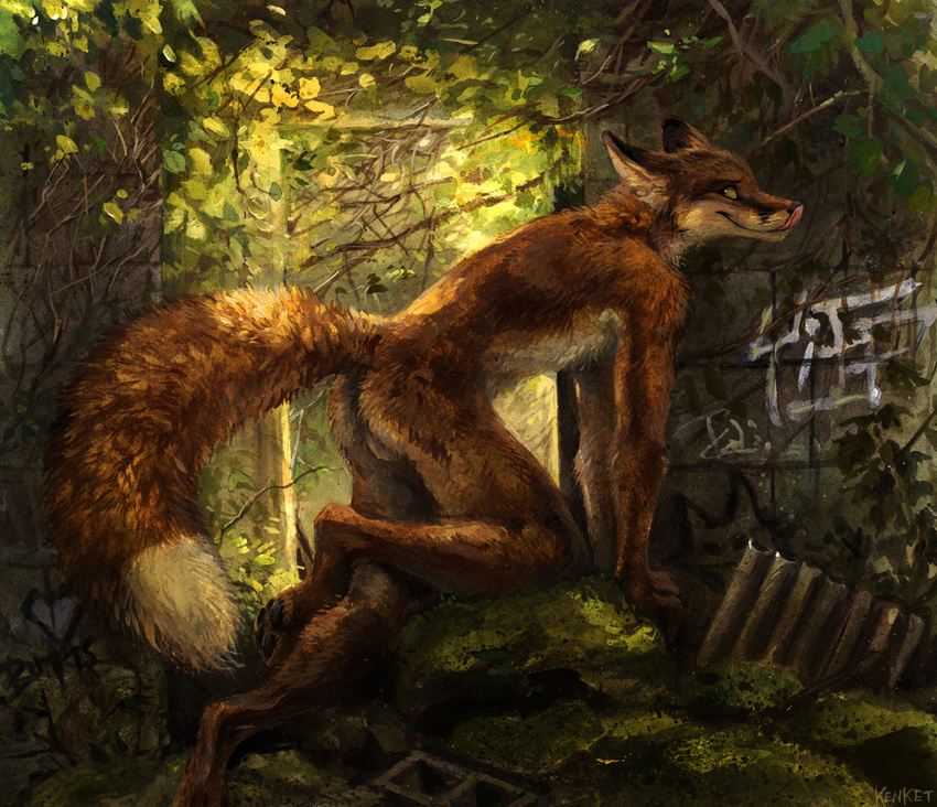 &lt;3 2016 all_fours anthro backsack balls black_eyes brown_body brown_fur butt canine digital_media_(artwork) digital_painting_(artwork) fox fur graffiti green_sclera kenket licking licking_lips looking_back male mammal moss nude orange_body orange_fur pawpads pointy_ears presenting presenting_hindquarters raised_tail red_fox ruins side_view smile solo suggestive tongue tongue_out vines white_fur