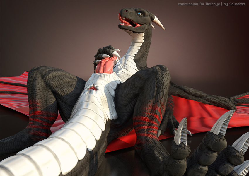 2015 3d_(artwork) 4_toes animal_genitalia animal_penis anus barefoot black_body black_scales blue_eyes butt cgi claws cum cum_drip cum_on_chest cum_on_penis cum_on_self cum_string cumshot deihnyx digital_media_(artwork) digitigrade dragon dripping drooling erection feral gaping gaping_anus genital_slit hi_res horn knot lizard looking_pleasured lying male markings masturbation nude on_back open_mouth orgasm penile_masturbation penis red_scales reptile salireths saliva scales scalie sharp_teeth simple_background slit solo spread_legs spreading teeth text toe_claws toes tongue tongue_out western_dragon white_scales wings