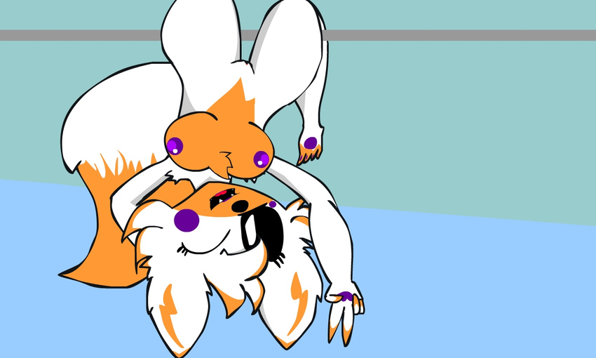 2016 animatronic anthro breasts canine clitoris digital_media_(artwork) e-01_(artist) female five_nights_at_freddy's five_nights_at_freddy's_world fox fur lolbit_(fnaf) looking_at_viewer machine mammal nipples nude pussy robot simple_background smile solo video_games