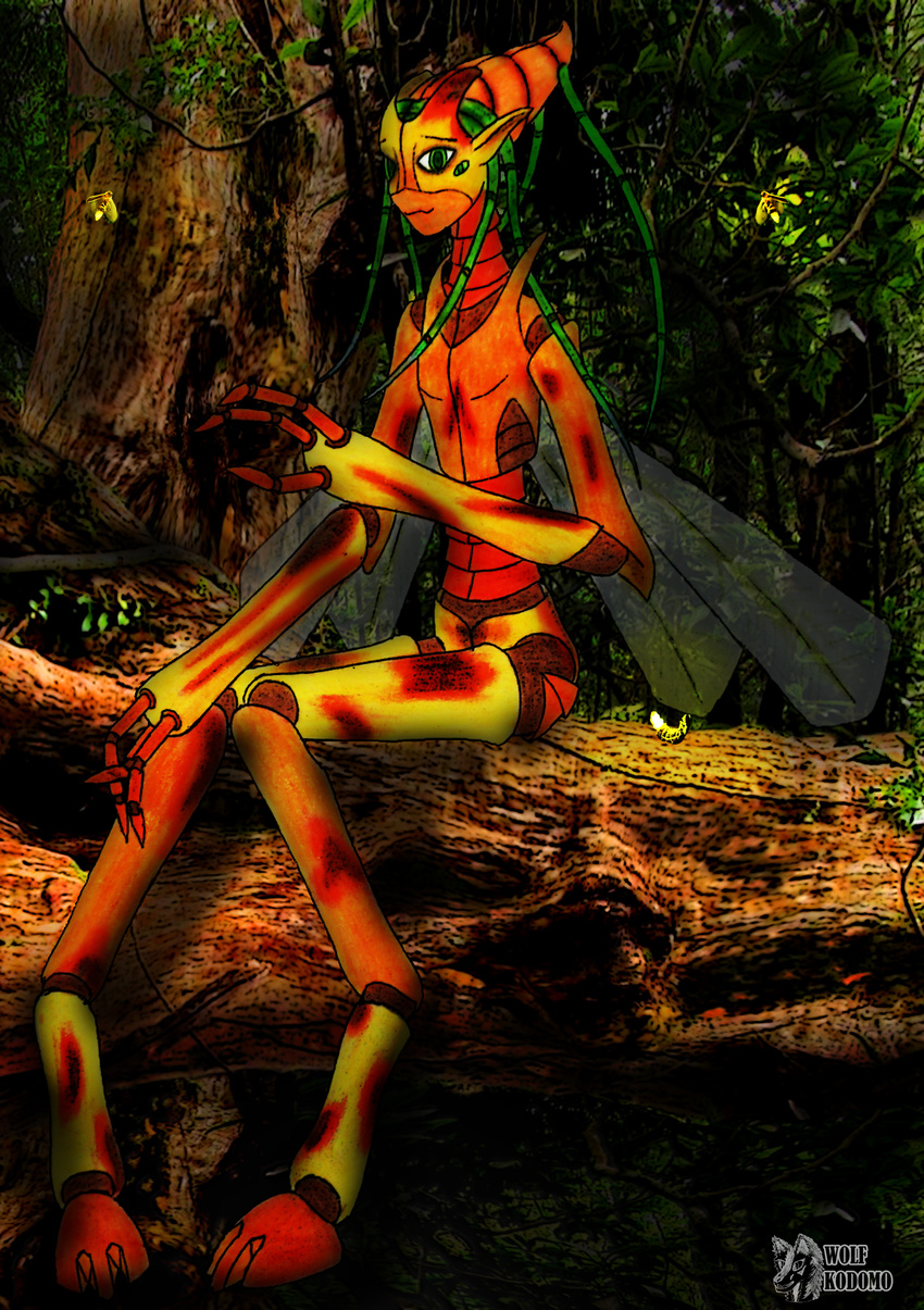 arthropod cute_face female green_eyes greenhair happy hi_res insect long_neck madai sitdown skinny slim wolfkuro wood young