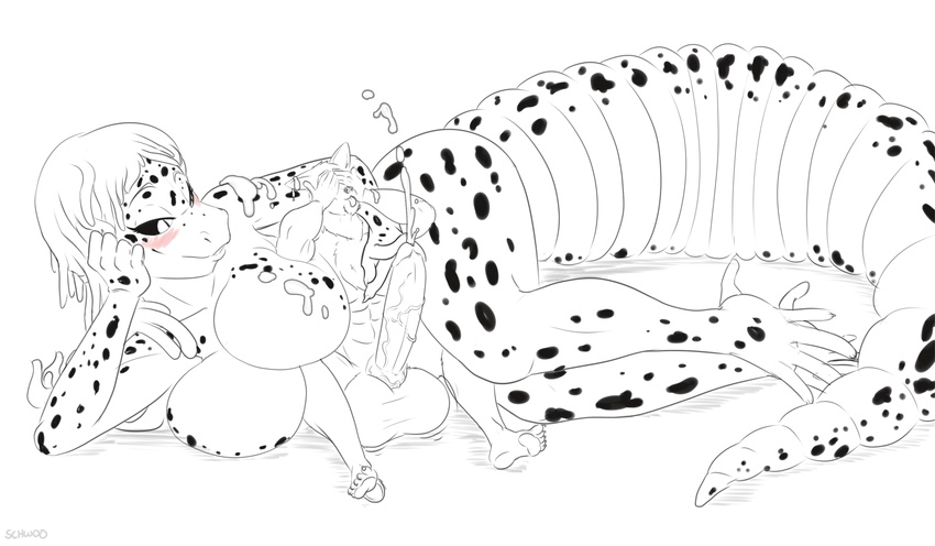 absurd_res anthro balls big_balls big_breasts big_tail black_sclera blush breasts canine connie_birchenough cum cum_on_breasts cumshot dahn digital_drawing_(artwork) digital_media_(artwork) dog duo excessive_cum featureless_breasts female gecko hi_res hyper hyper_penis larger_female leopard_gecko lizard lying male mammal muscular on_side orgasm penis reptile scalie schwoo shiba_inu simple_background size_difference slit_pupils spots tongue tongue_out vein veiny_penis