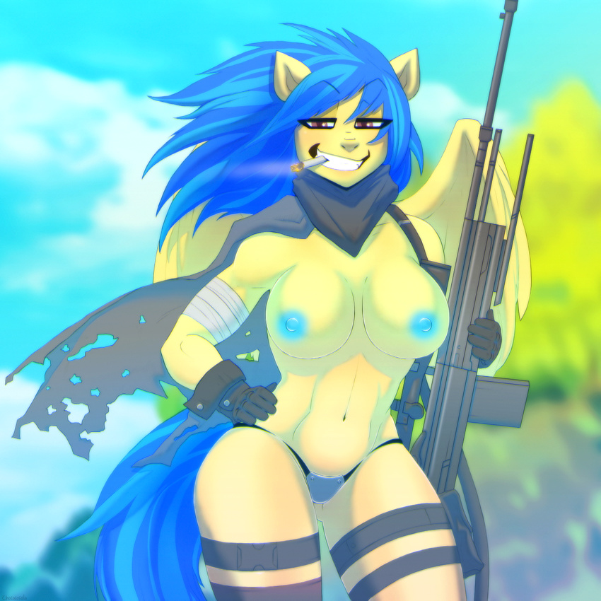 anthro areola breasts chococosalo cigarette clothed clothing equine female gun half-closed_eyes hi_res legwear looking_at_viewer mammal nipples outside panties pegasus ranged_weapon rifle scarf smile sniper_rifle solo teeth thigh_highs topless underwear weapon wings