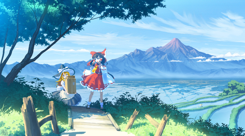 2girls apron bangs black_footwear black_headwear black_skirt blonde_hair bow brown_hair carrying cloud commentary_request day detached_sleeves full_body hair_bow hair_tubes hakurei_reimu hat hat_bow highres kirisame_marisa long_sleeves mountain multiple_girls ogata_tank one_eye_closed open_mouth outdoors red_bow red_shirt red_skirt rice_paddy shirt shoes short_sleeves skirt socks touhou tree white_bow white_legwear wide_sleeves witch_hat yellow_mask