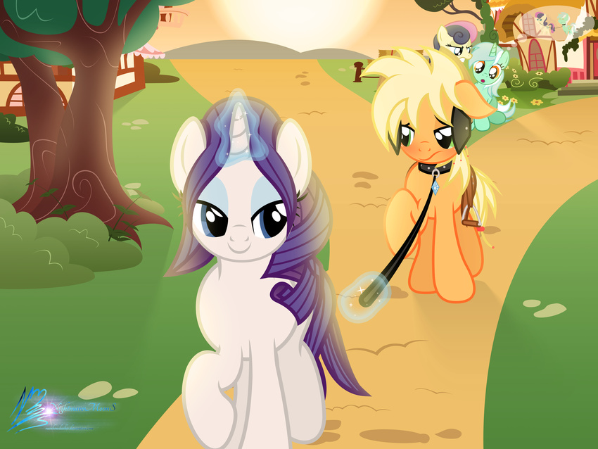 2015 absurd_res alternate_hairstyle applejack_(mlp) blonde_hair blue_eyes bonbon_(mlp) bush collar earth_pony equine female feral friendship_is_magic fur grass green_eyes green_fur group hair hi_res horn horse house landscape leash lyra_heartstrings_(mlp) magic mammal multicolored_hair my_little_pony nightmaremoons orange_fur outside pony ponyville purple_hair rarity_(mlp) red_eyes saddle sign sky smile sun sunset tan_fur tree two_tone_hair unicorn white_fur