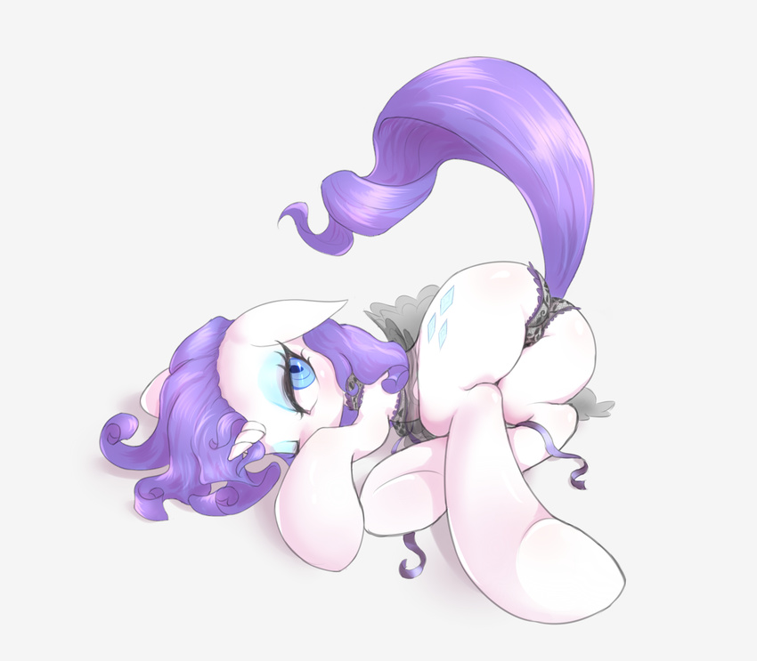 2016 blue_eyes butt clothing cutie_mark equine eyeshadow female friendship_is_magic hair half-closed_eyes hooves horn looking_at_viewer lying makeup mammal mlpanon my_little_pony panties purple_hair rarity_(mlp) simple_background solo translucent transparent_clothing underwear unicorn