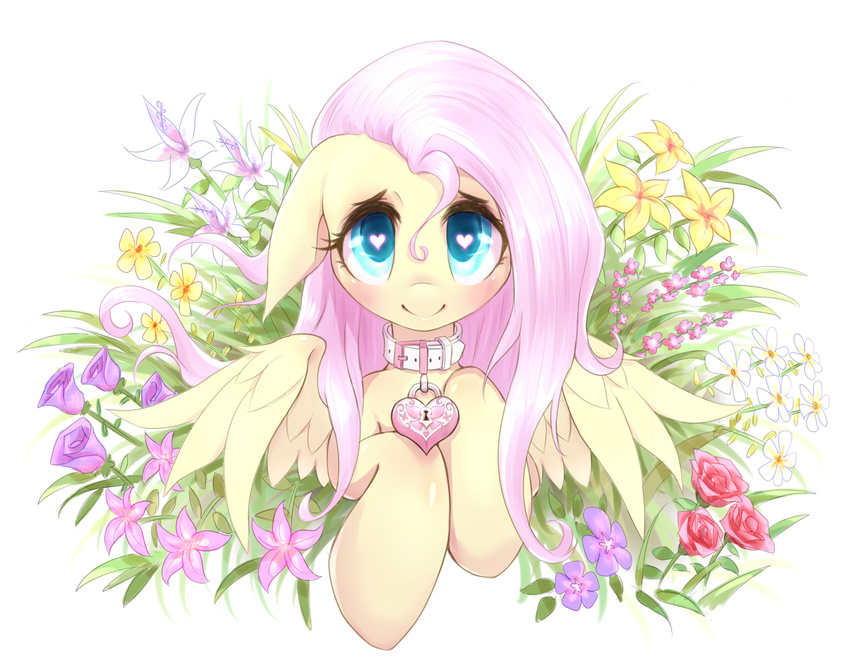 &lt;3 &lt;3_eyes 2016 equine female feral flower fluttershy_(mlp) friendship_is_magic hair hooves long_hair looking_at_viewer mammal mlpanon my_little_pony pegasus pink_hair plant smile solo wings