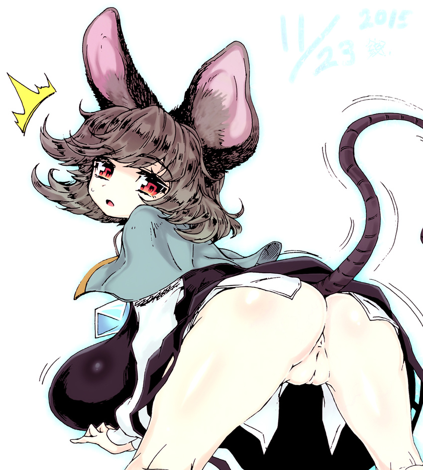 animal_humanoid anus bent_over big_breasts breasts butt female grey_hair hair hi_res humanoid kanenomori777 looking_back mammal mouse mouse_humanoid nazrin pale_skin presenting pussy red_eyes rodent solo touhou