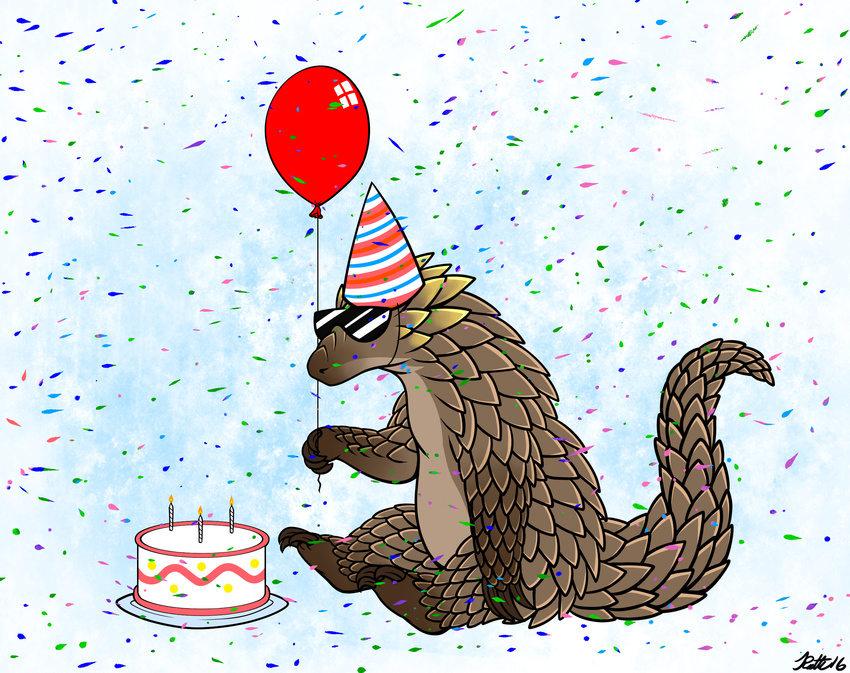 2016 ballon cake claws confetti dave_(edfdarkangel1) dave_the_pangolin eyewear feral food hat hi_res male mammal pangolin ratte simple_background sitting solo sunglasses toe_claws