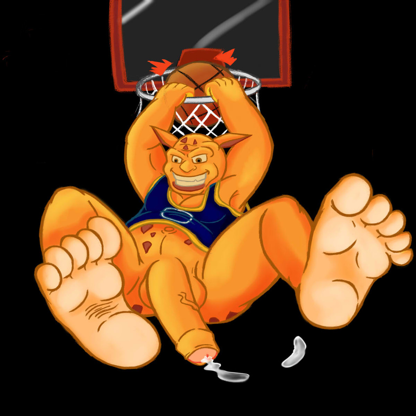 alien balls basketball bottomless clothed clothing foot_focus front_view grin half-erect hi_res humanoid_penis jersey male monstar_(space_jam) not_furry penis pound_(character) precum seamaster slam_dunk solo space_jam swinging_penis vein warner_brothers