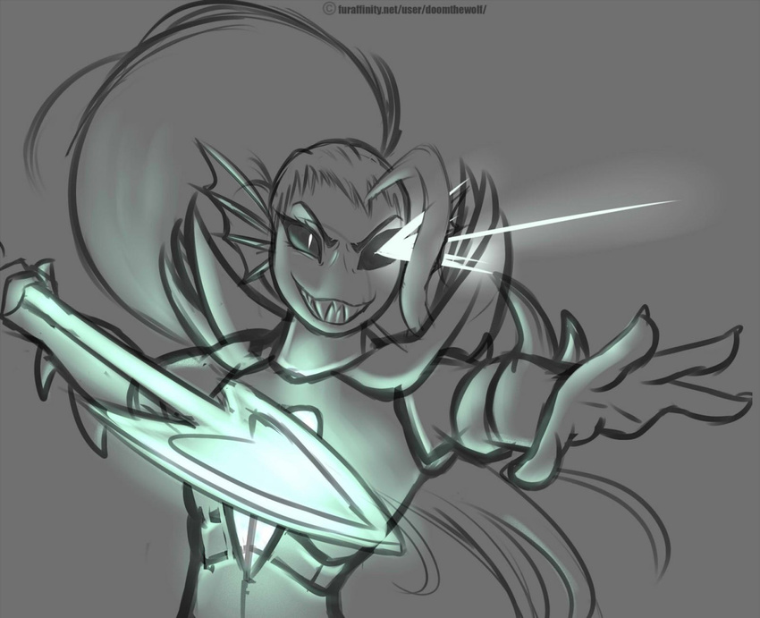 2016 anthro armor black_sclera claws clothed clothing doomthewolf english_text eye_patch eyewear female fin fish grey_background hair long_hair marine melee_weapon monochrome polearm ponytail sharp_teeth simple_background sketch smile solo spear teeth text undertale undyne undyne_the_undying video_games weapon
