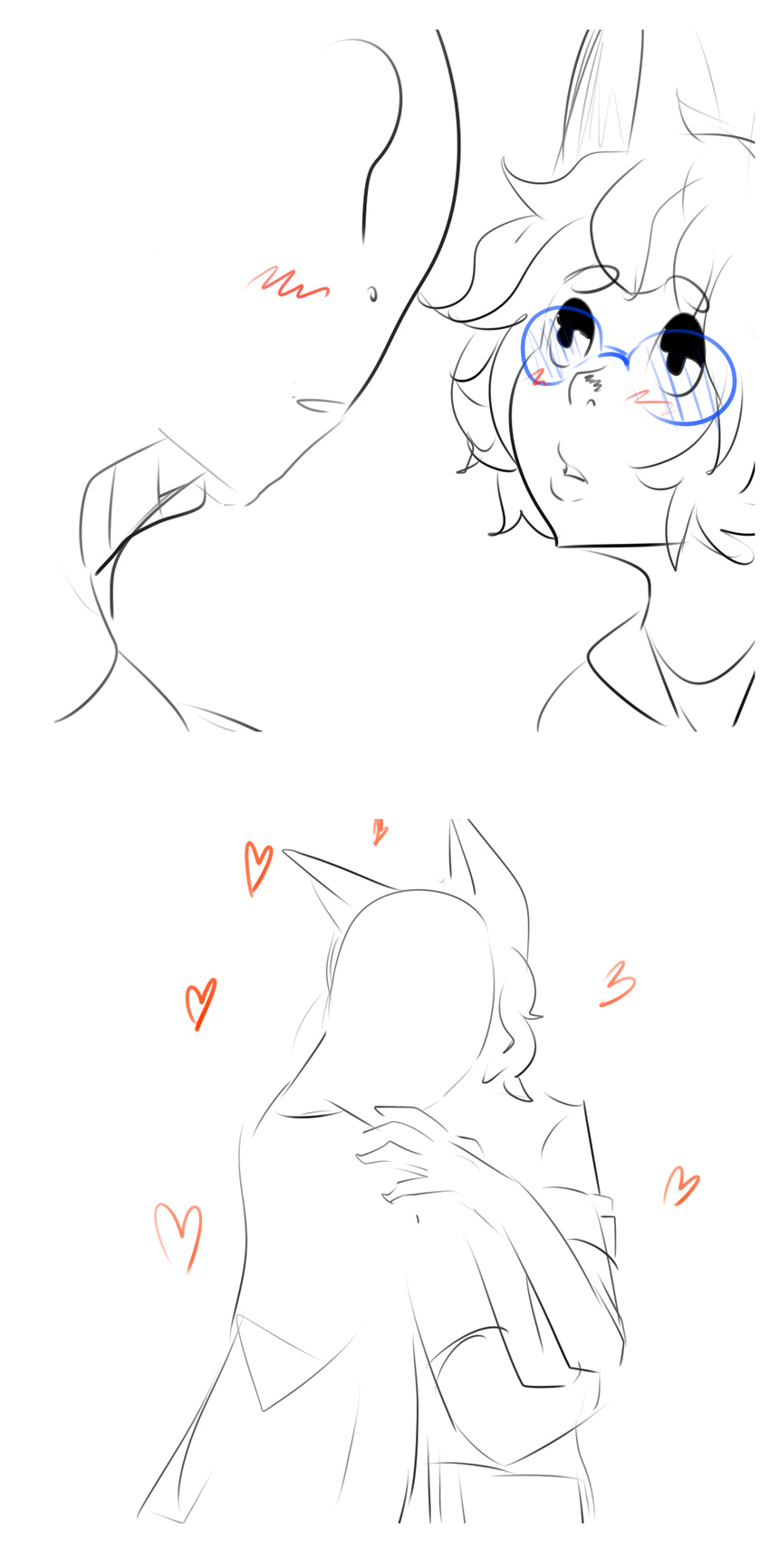 &lt;3 andy_(dogboy) animal_humanoid anon anthro before_and_after blush canine digital_media_(artwork) dog dog_humanoid duo eyewear fur glasses hair hi_res hug human humanoid kissing love male mammal romantic sal_(artist) short_hair simple_background sketch white_background
