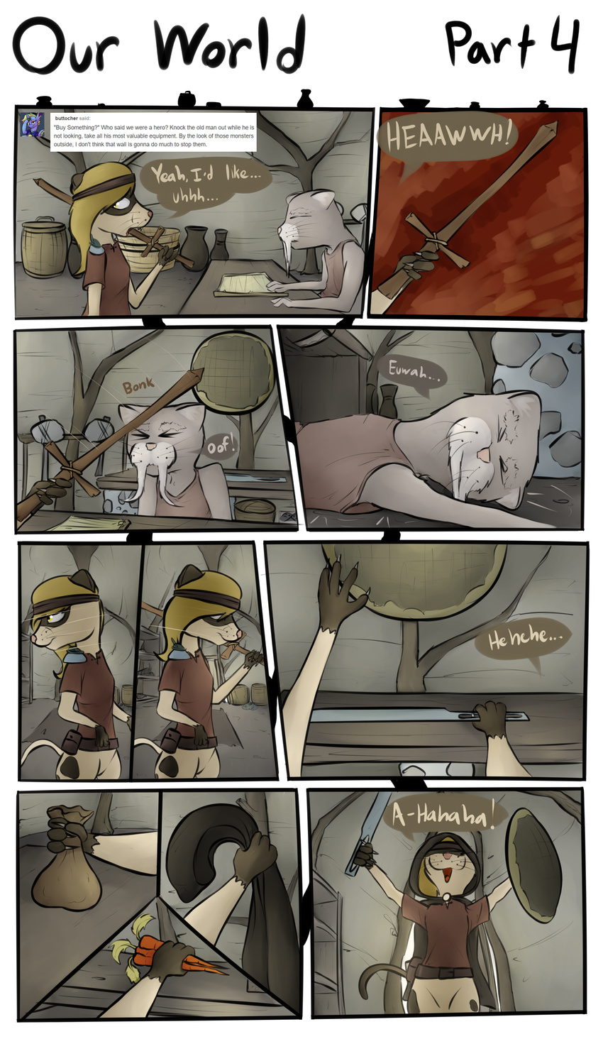 absurd_res adventure attack comic digital_media_(artwork) ferret group hi_res mammal marsminer melee_weapon mustelid old on_shoulder pet_rock rock stealing story sword thief tumblr_ask violence weapon wyatt_the_rock