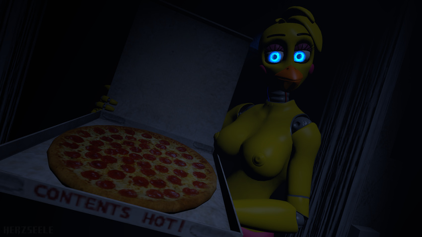 3d_(artwork) animatronic anthro avian bird blue_eyes breasts cgi chicken clothed clothing digital_media_(artwork) female five_nights_at_freddy's five_nights_at_freddy's_2 food glowing glowing_eyes herzseele hi_res looking_at_viewer machine pizza robot solo source_filmmaker topless toy_chica_(fnaf) video_games