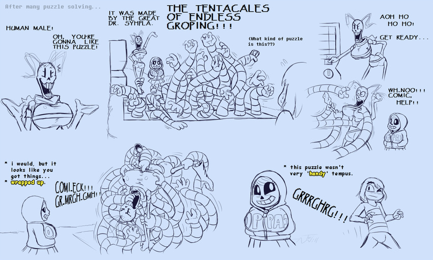 animated_skeleton bone clothing comic_(under(her)tail) crossgender dialogue digital_media_(artwork) english_text female grope hoodie human machine male mammal papyrus_(undertale) protagonist_(undertale) sans_(undertale) skeleton sneaking sweat tempus_(under(her)tail) tentacles text thewill undead undertale video_games