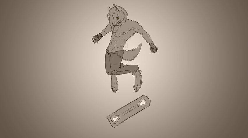 2016 abs absurd_res action_pose anthro anu anubian_jackal anubis black_fur black_sclera canine clothing cybernetics deity digital_media_(artwork) digitigrade egyptian feet fur gloves hair hairstyle hi_res hoverboard jackal jumping kavaeric long_hair looking_down machine male mammal markings muscular p700 punk rockgods science_fiction skateboard solo