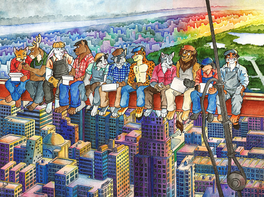 2016 ango76 anthro barefoot canine cigarette city cityscape clothed clothing colored_pencil_(artwork) colorful feline fur group high_place inspired_by_proper_art male mammal mixed_media overalls pen_(artwork) sitting smoking traditional_media_(artwork) watercolor_(artwork)