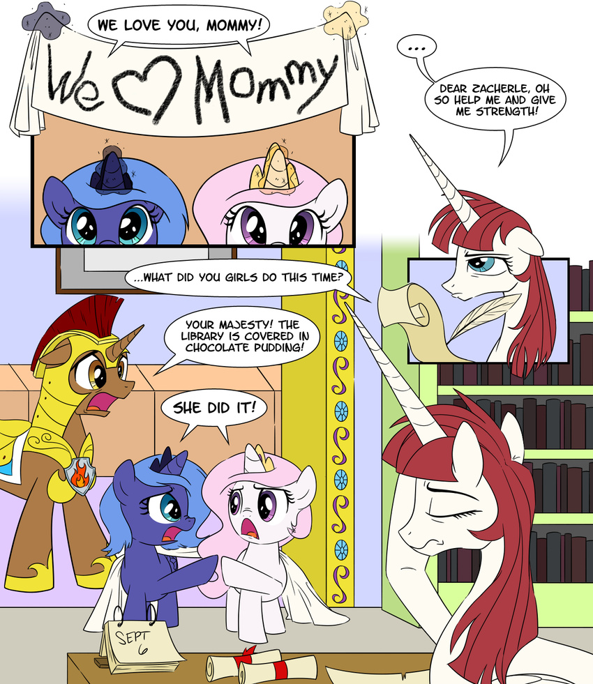 banner comic english_text equine fausticorn feathers female feral friendship_is_magic group hi_res horn horse lauren_faust loose_feather male mammal my_little_pony parchment pony princess_celestia_(mlp) princess_luna_(mlp) quill sketchyjackie text winged_unicorn wings