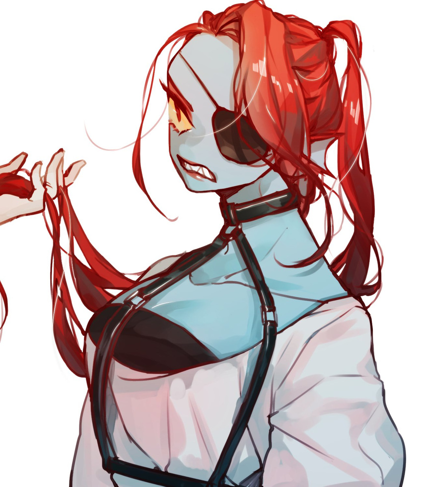 2016 anthro blue_skin clothed clothing collar eye_patch eyewear female fish grin hair hi_res long_hair marine ponytail portrait red_hair simple_background solo undertale undyne video_games waluududu yellow_eyes