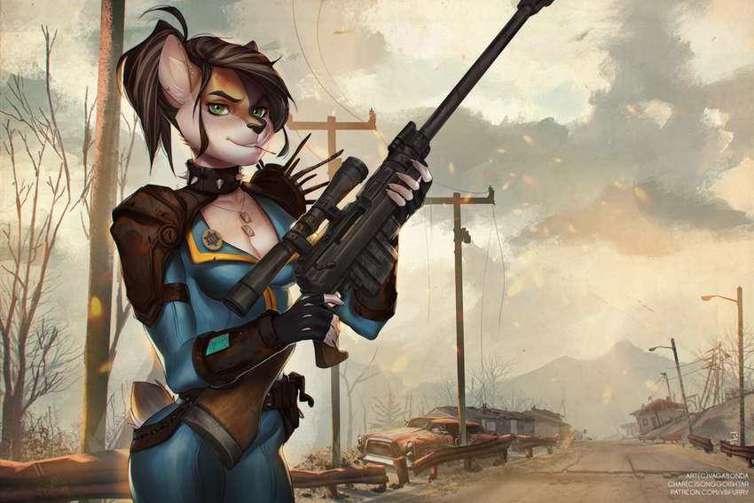 anthro armor breasts cleavage clothed clothing cloud dog_tags ear_piercing fallout feline female fingerless_gloves gloves green_eyes gun half-closed_eyes looking_at_viewer mammal outside piercing ranged_weapon rifle scope skinsuit smile sniper sniper_rifle solo standing teeth tight_clothing vagabondbastard video_games weapon