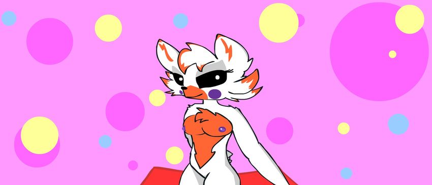 2016 animatronic anthro breasts canine clitoris digital_media_(artwork) e-01_(artist) female five_nights_at_freddy's five_nights_at_freddy's_world fox fur hair hi_res lolbit_(fnaf) looking_at_viewer machine mammal nipples nude pussy robot simple_background smile solo video_games