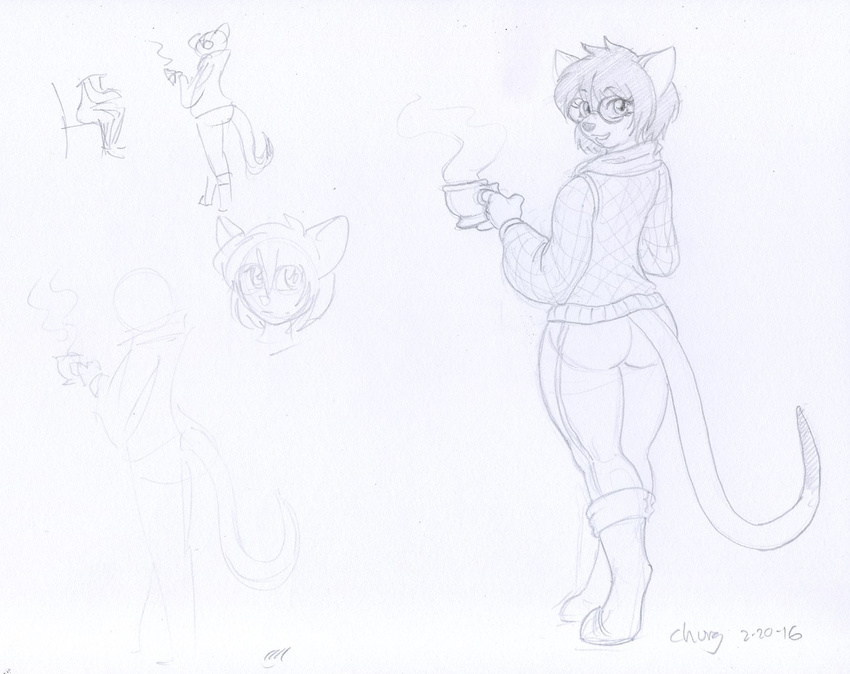 butt cassie_gliese clothed clothing cup digitigrade eyewear female glasses hair hi_res looking_at_viewer mammal mouse pants pose rodent scarf short_hair simple_background sketch smile standing sweater teacup traditional_media_(artwork) unknown_artist white_background