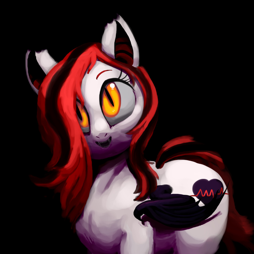 :3 arrhythmia bat_pony black_hair cutie_mark dark_theme equine eyelashes fan_character fangs female fur hair hi_res horse mammal membranous_wings multicolored_hair my_little_pony nightmare_fuel open_mouth outta_sync pony red_hair slit_pupils smile solo thestral two_tone_hair white_fur wings yellow_eyes